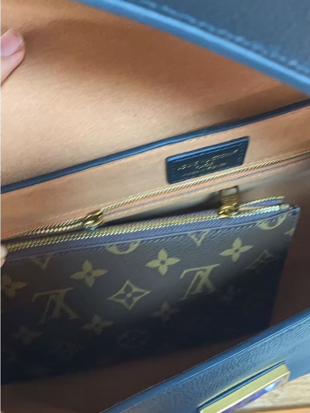 Louis Vuitton Monogram Satchel with Navy Trim and Gold Hardware
